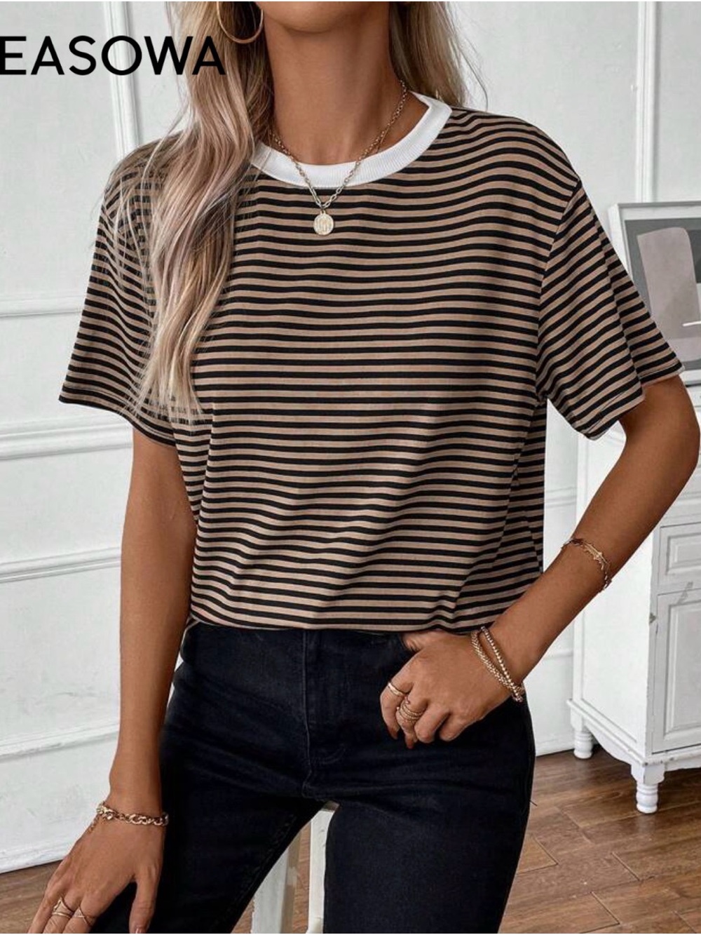 SHEIN Black and Tan Striped Short Sleeve Tee with White Trim